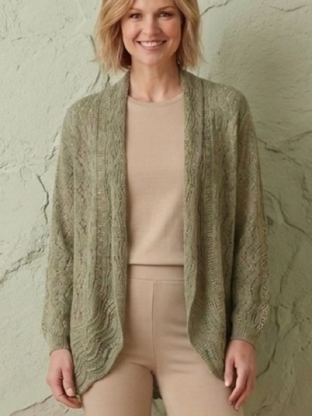 Northern Reflections Olive Green Knit Cardigan Lace Ribbon sz xl Luxury garden